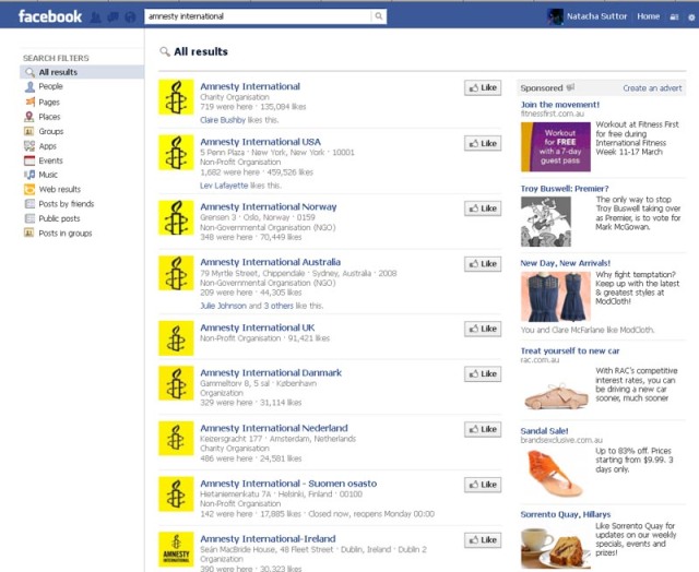 Facebook: Search Results for Amnesty International (Captured 09/03/2013)