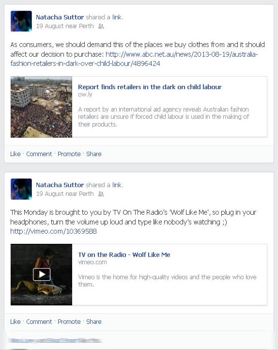 Screen shots of some Facebook updates with URLs that show sharing metadata (Taken 25 August 2013)