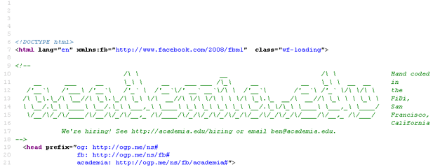 Screen shot of Academia.edu source html (Taken 3rd September 2013)