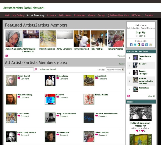 Screenshot of Artist2Artist artist directory (Taken 25 August 2013)