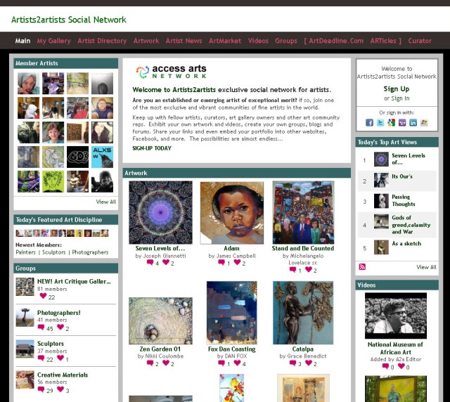 Screenshot of Artist2Artist home page (Taken 25 August 2013)