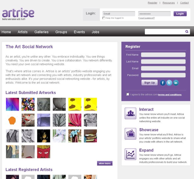 Screenshot of Artrise home page (Taken 3 September 2013)