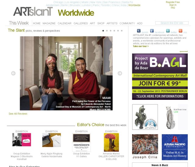 Screen shot of Artslant.com home page (Take 3 September 2013)