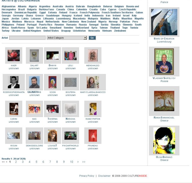 Screenshot of CultureInside artist directory (Taken 25 August 2013)
