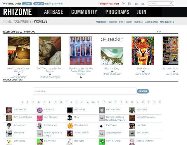 Screen shot of Rhizome.org artist directory (Taken 25 August 2013)