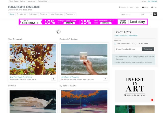 Screen shot of SaatchiOnline.com home page (Taken 25 August 2013)