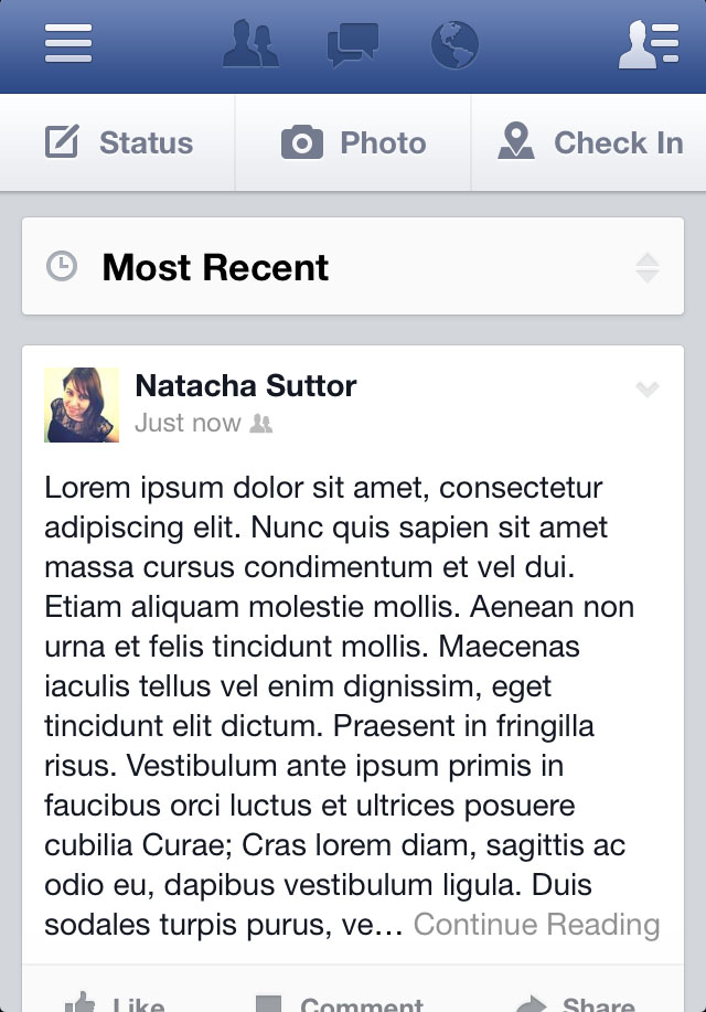 Screenshot of truncated status update in Facebook iPhone mobile app news feed (Taken 16 September 2013)