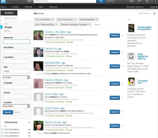 Screen shot of LinkedIn Advanced Search results for Current Position search on "Artist" for location Australia (Taken 26 August 2013)