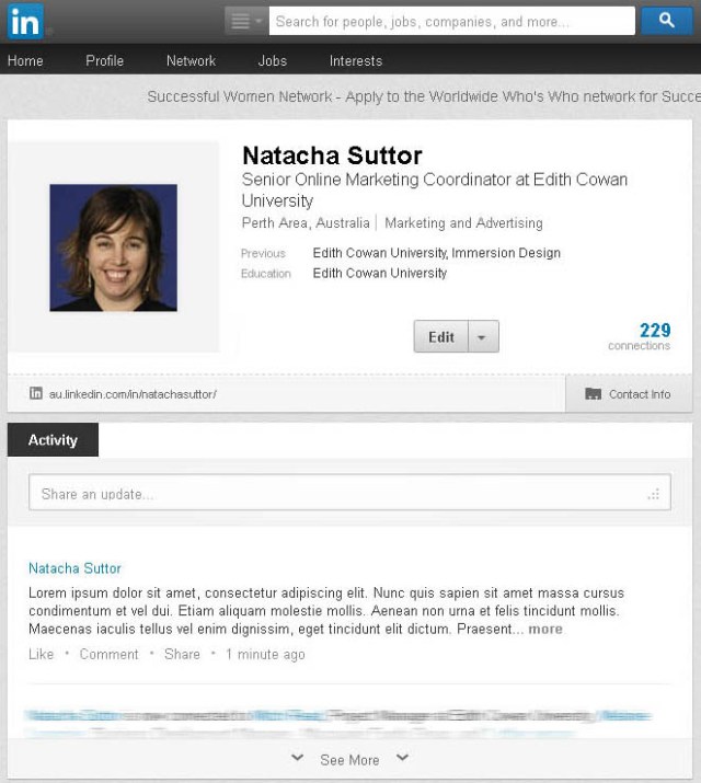 Screenshot of truncated activity update on my LinkedIn profile page